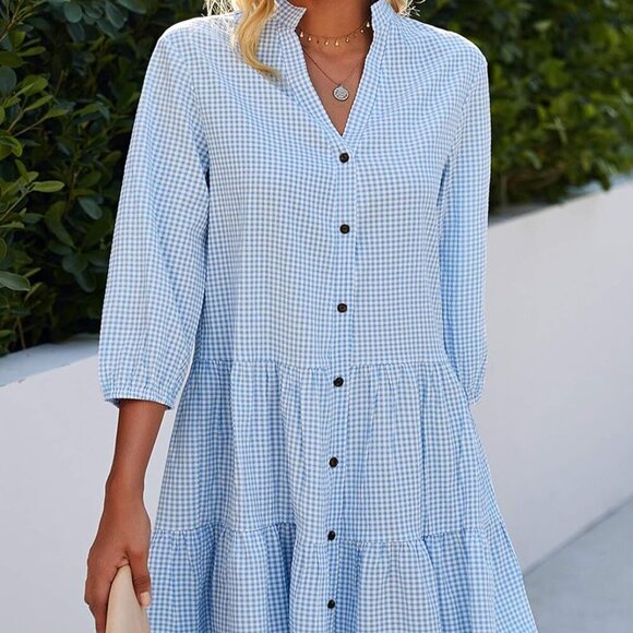 Women's Summer Dresses Casual V Neck Button Down 3/4 Sleeve Floral Print Loose F - Picture 2 of 6